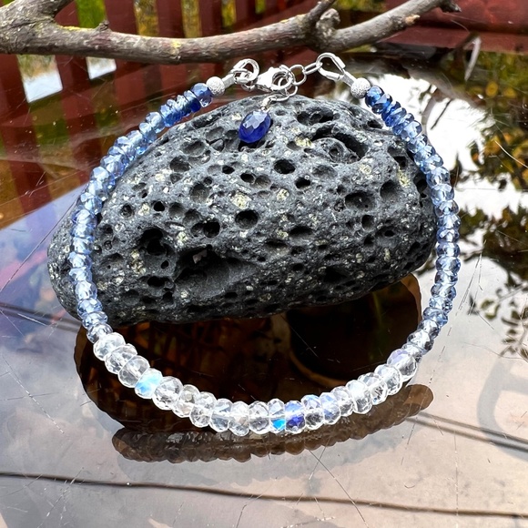 Solid 14K White Gold Natural Blue Sapphire, Moonstone Bracelet 7" - 7 2/3" - Picture 7 of 13